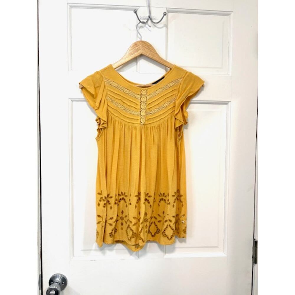 American Eagle Babydoll‎ Top Sz S Mustard Yellow Lace Floral Eyelet Flowy Boho